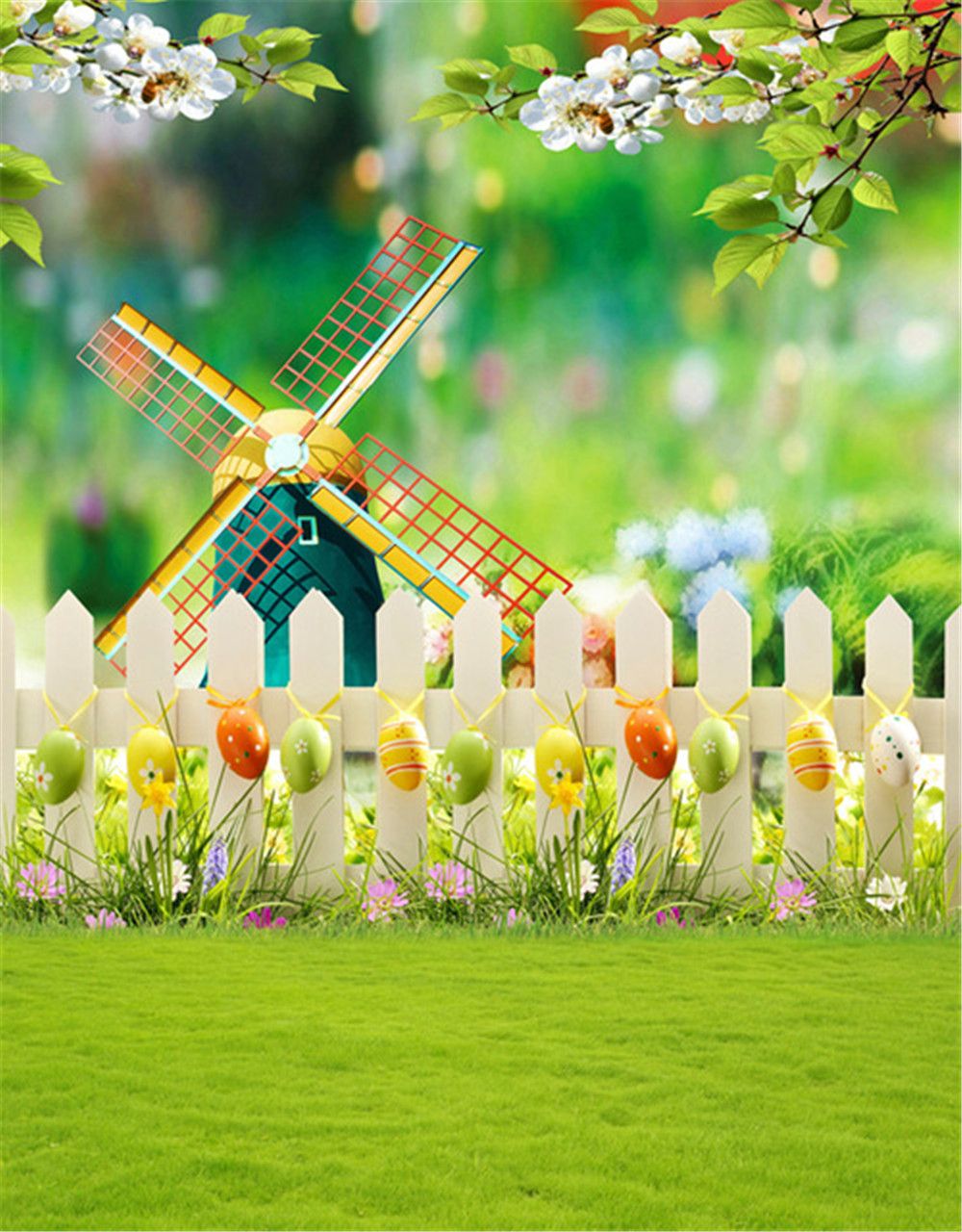 Happy Easter Eggs Photography Backdrops Printed Windmill White Fence Peach  Blossoms Spring Scenic Baby Kids Children Photo Studio Background