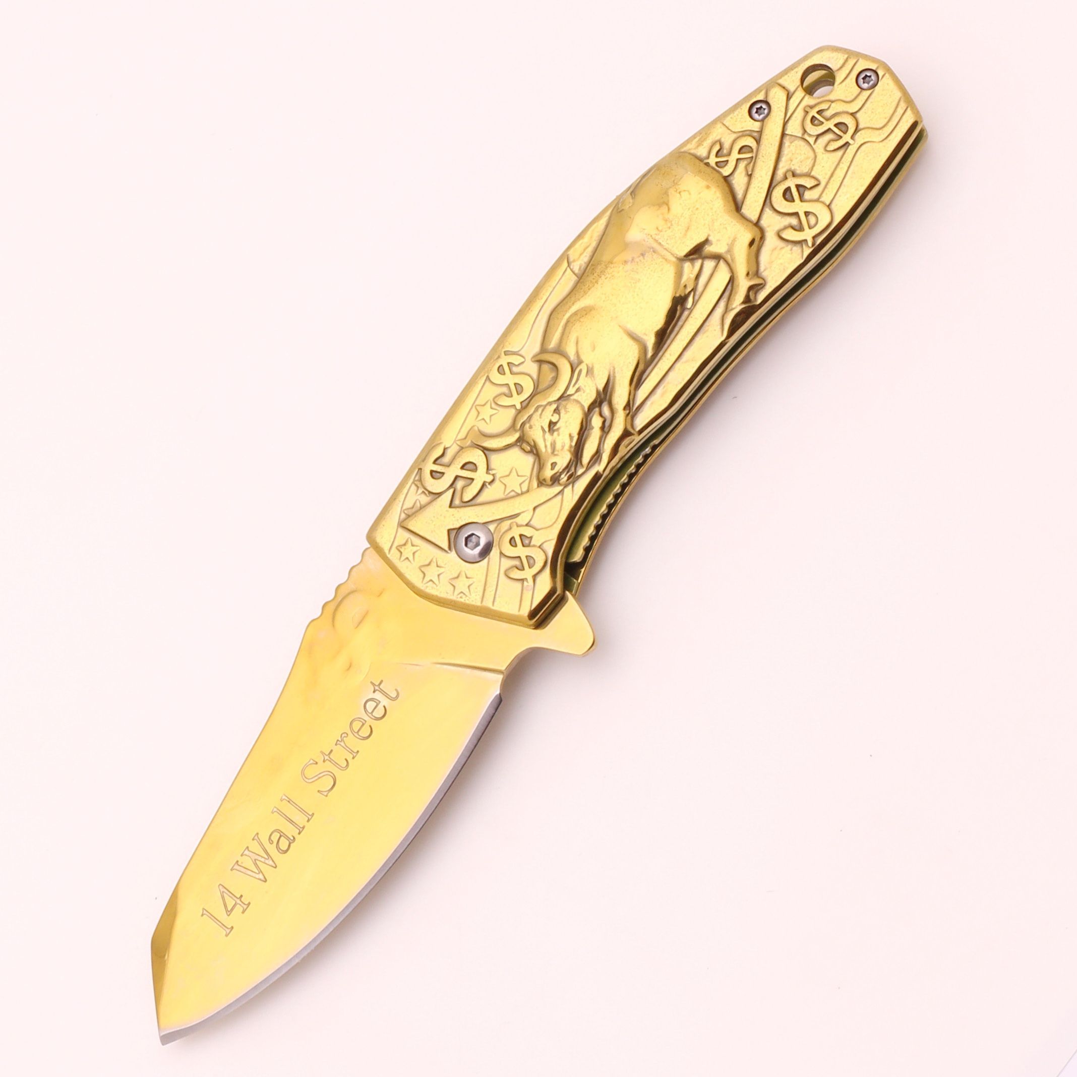 Gold Cattle Color Folding Pocket Knife 440 Blade Steel Handle Outdoor Gear Camping Hunting