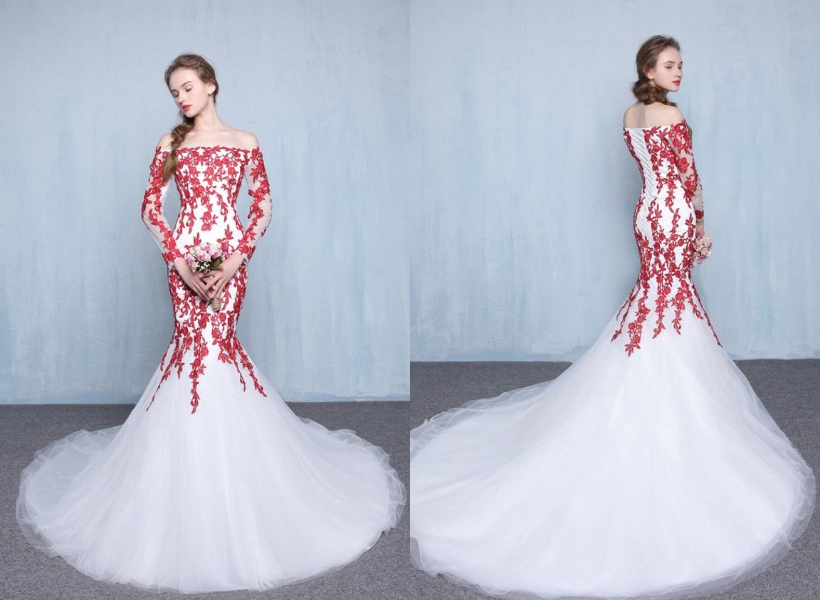 red and white long gown
