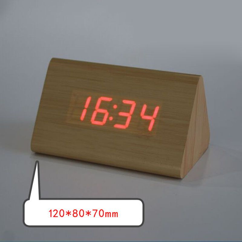 Classical Triangular Blue Digital LED Wood Wooden Desk Alarm Clock Thermometer