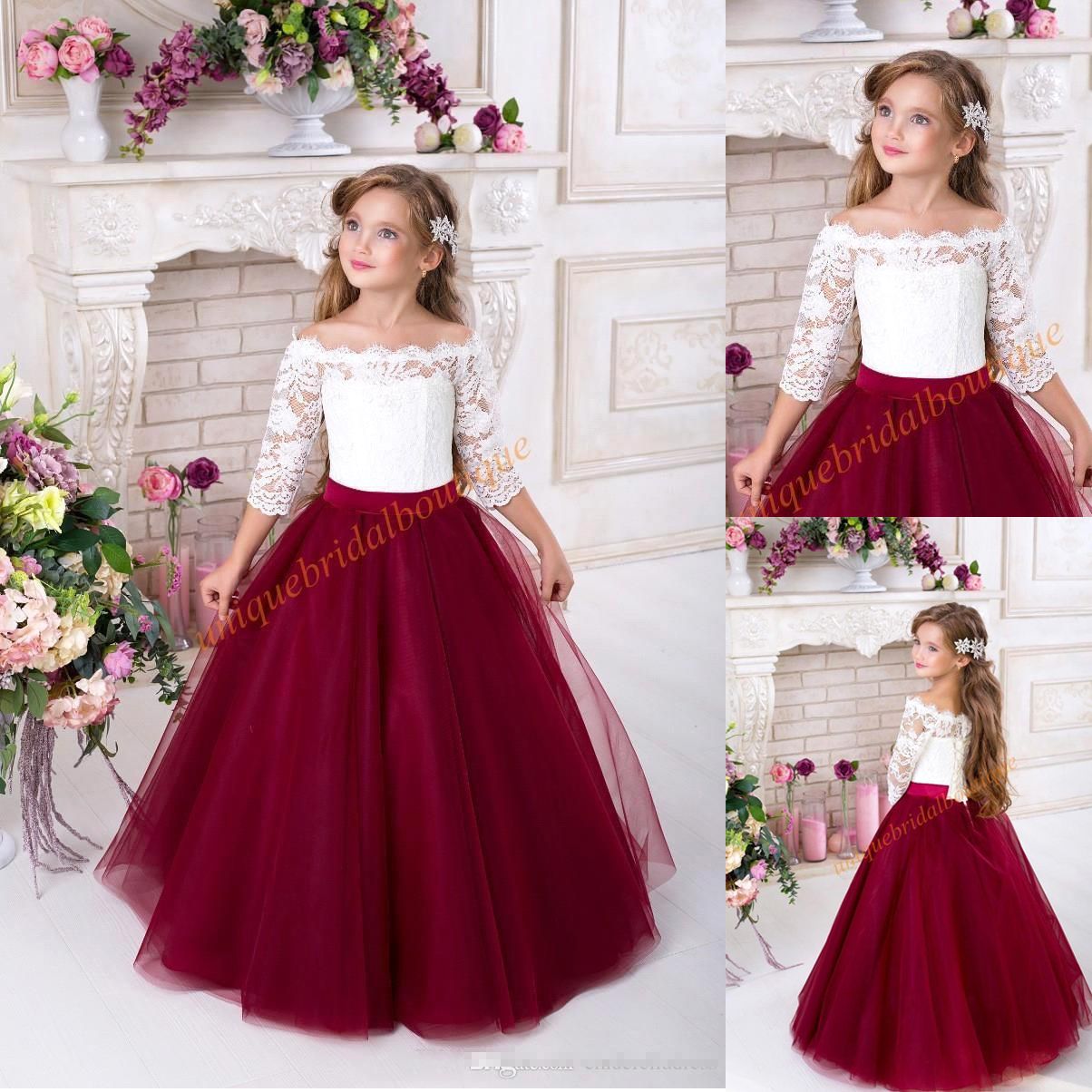 maroon and white flower girl dresses