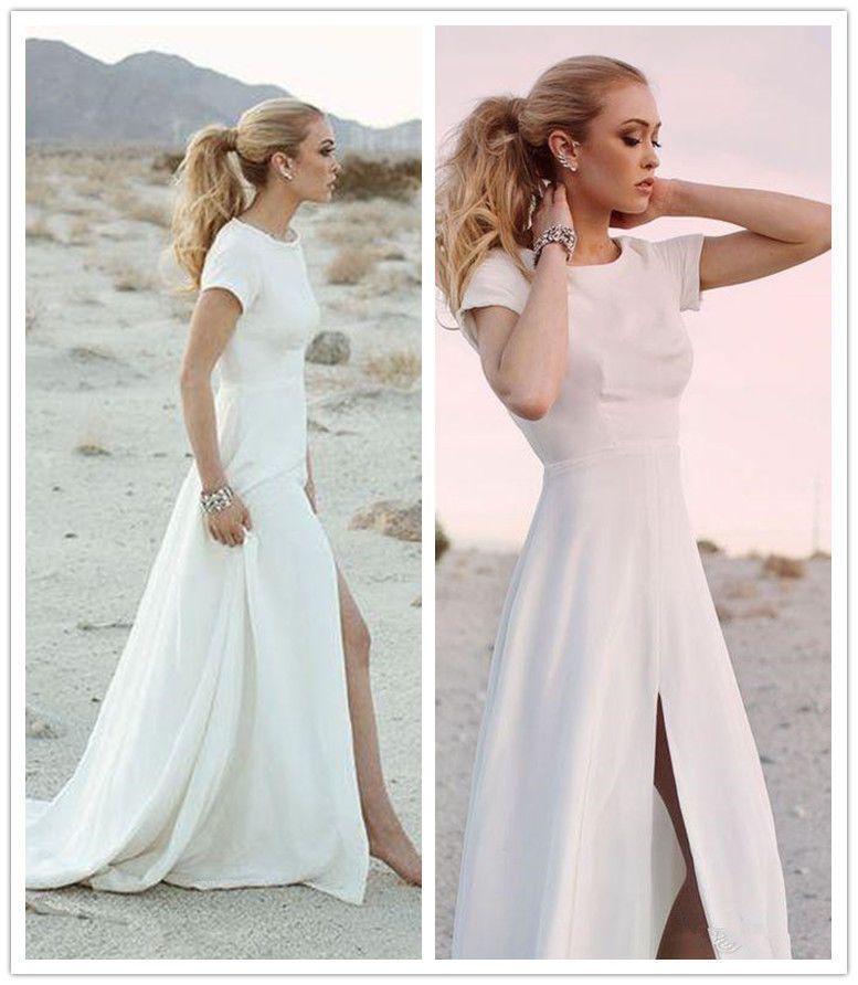 Discount Simple High Split Satin Wedding Dresses Short Sleeve Plus
