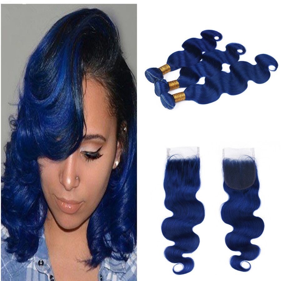 Blue Human Hair Bundles With Lace Closure Virgin Brazilian Human Hair Extensions Dark Blue Hair Body Wave Wavy With Lace Closure Blue Human Hair Bundles With Lace Closure Virgin Brazilian Human Hair Extensions Dark Blue Hair Body Wave Wavy With Lace Closure