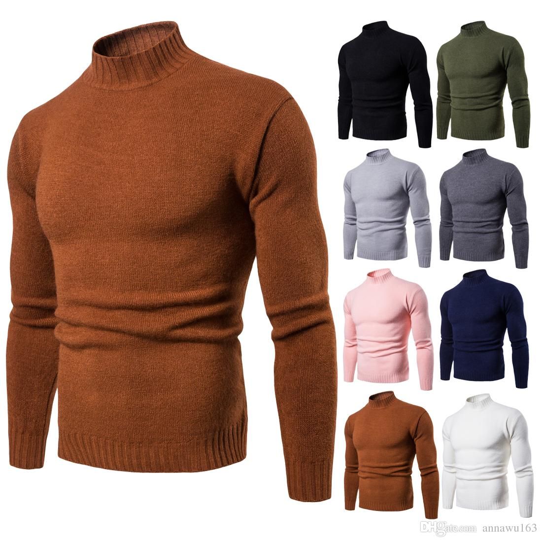 2020 Pullover Sweater Men Slim Fit Tops With Long Sleeve High Neck High ...