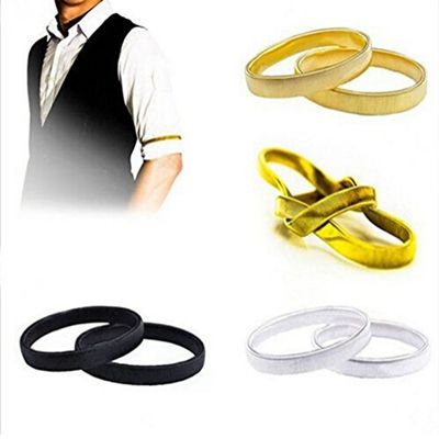 2 PAIRS METAL SLEEVE HOLDERS SILVER GOLD BLACK ELASTICATED METAL SHIRT ARM BANDS