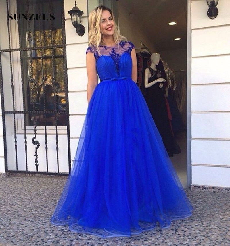 Acquistare Abito Da Sera Blu Royal Tulle Lungo Da Donna Abiti Formali  Appliques Cap Sleeve Party Dress Vestire Longue Economico | Consegna Veloce  E Qualità | DHgate Italy