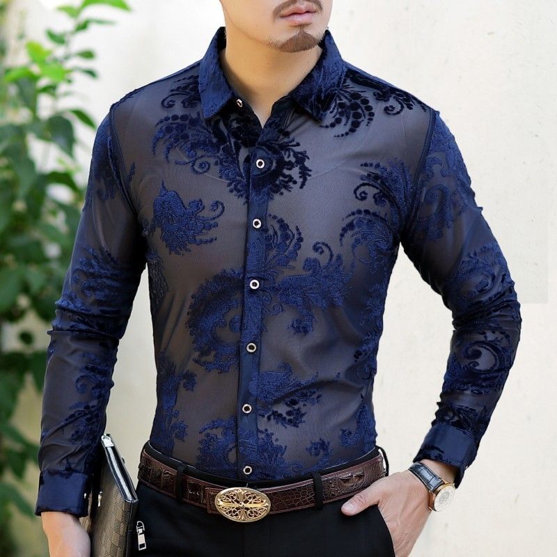2020 Sexy See Through Flower Shirt Men 2018 Autumn Black Blue Burn