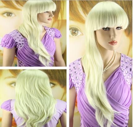 Womens Lady White Long Hair Wig Curly Wavy Cosplay Party Full Wigs