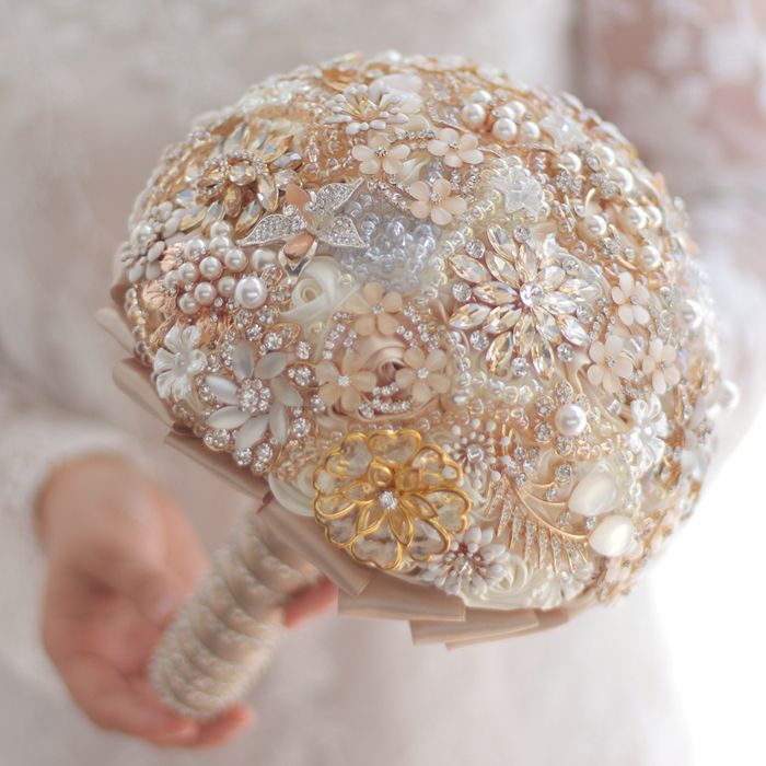 Champagne Gold Wedding Bouquet Beads Pearl Rhinestone Bouquet