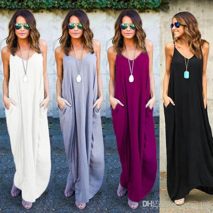 Moda 2018 Mujeres Chaleco Tank Maxi Dress Niñas Con Cuello En Casual Verano Vestidos Largos Sin Mangas Backless Lady Bolsillo Faldas Largas Ropa Causal De 10,37 | DHgate