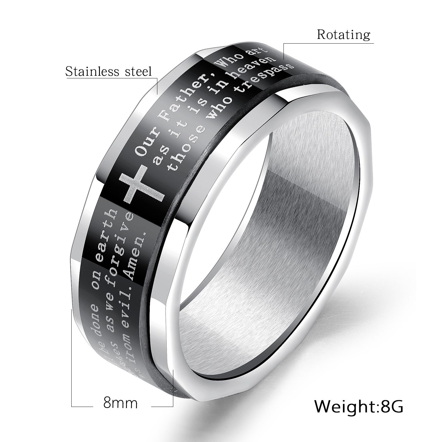 Hot Selling Men S Stainless Ring 8mm Lords Prayer Ring With
