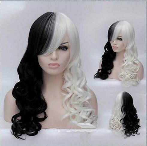 Women S Long Sexy Wave Half Black And Half White Hair Cosplay