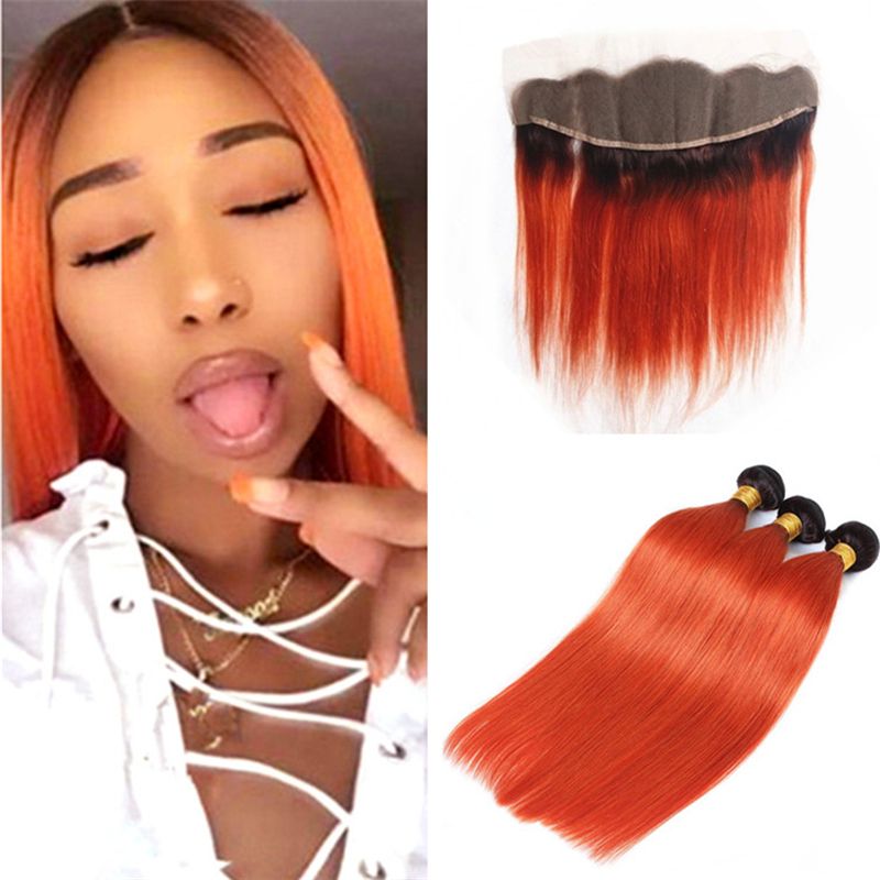2019 Silky Straight Dark Roots Orange Hair Bundles With Frontal