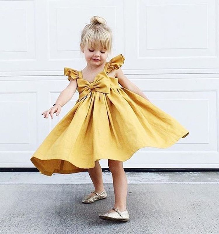 TODDLER BABY GIRLS FLY SLEEVE RUFFLED BOWKNOT BACKLESS SOLID COLOR DRESS