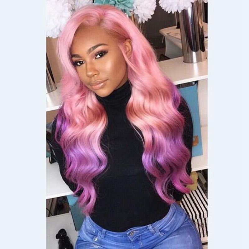Mhazel Long Wavy Pink Ombre Purple Synthetic Glueless Front Wig