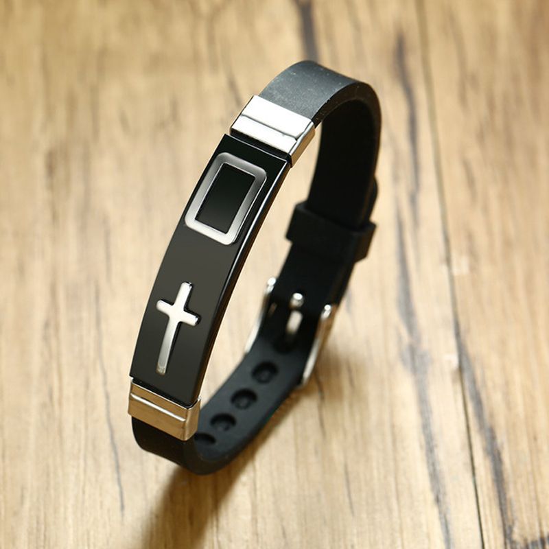 Hommes Croix d'Argent Bracelet caoutchouc noir en acier inoxydable Bracelet *tr 