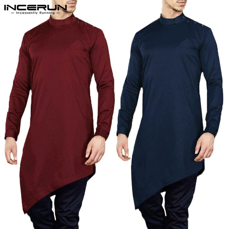 INCERUN Para Hombre Camisas de Manga Larga Sólido Kurta Tops Largos Musulmanes Islámicos Árabes Kaftan