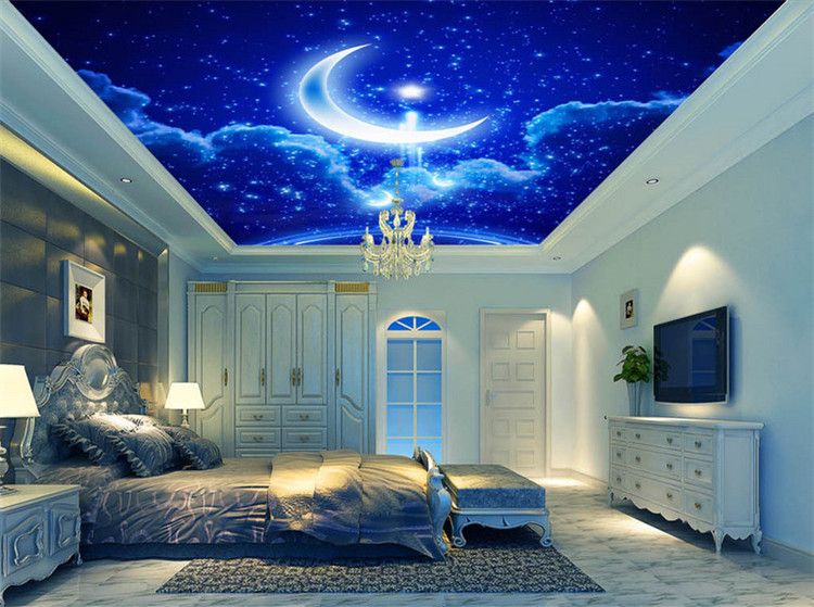 Acheter Papier Peint Mural Personnalisé 3d Stéréoscopique Bleu Ciel étoile De Lune Photo Papier Peint Salon Chambre à Coucher Ktv Plafond Peintures