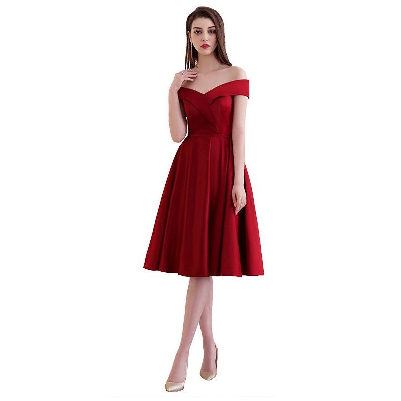 Evening Dress A-Line V-Neck Knee-Length Short Sleeves Lace-Up Pleated ...