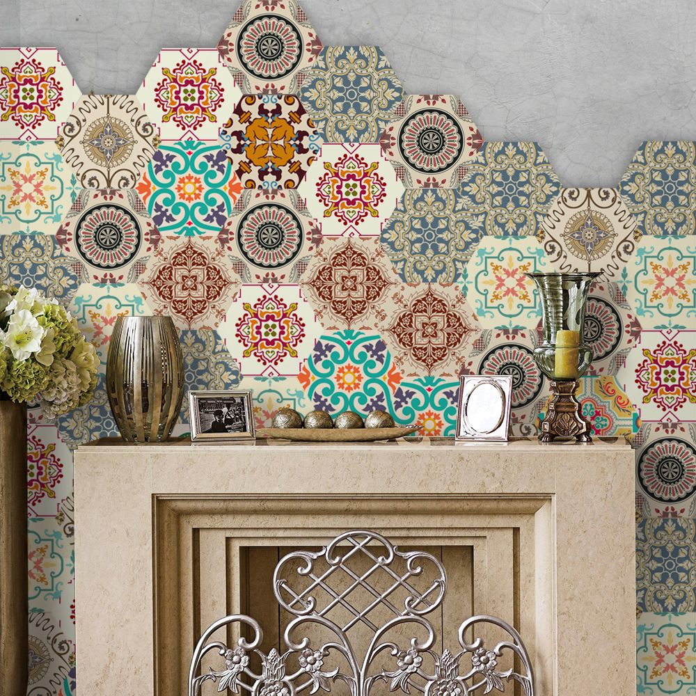 Baroque Style Hexagon Pvc Floor Sticker Living Bath Room Bedroom