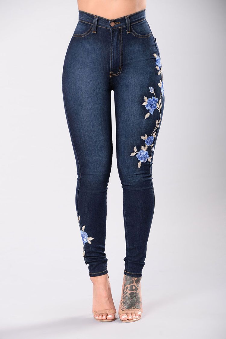 Estirar pantalones bordados para las mujeres elásticos flor azul jeans lápiz pantalones de rosa patrón pantalon femme