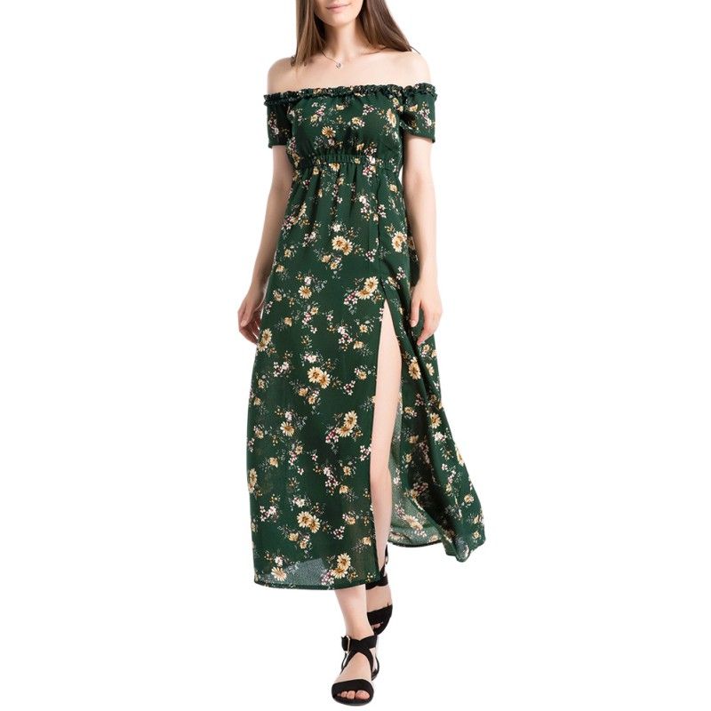 Green Off Shoulder Button Ruffles Hem Casual Dress 084519