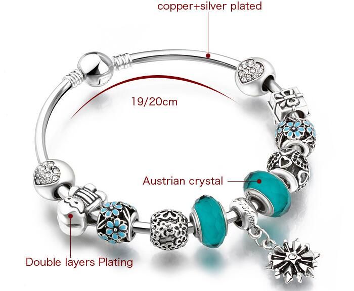 925 Silver Plated HEART Charm Bead Pendant Austrian Crystals Bracelet 20cm Gift 