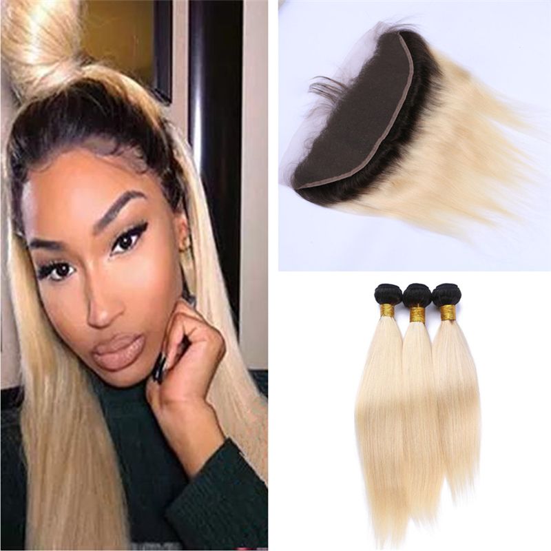 2019 Dark Roots Blonde Brazilian Straight Hair Bundles With Lace