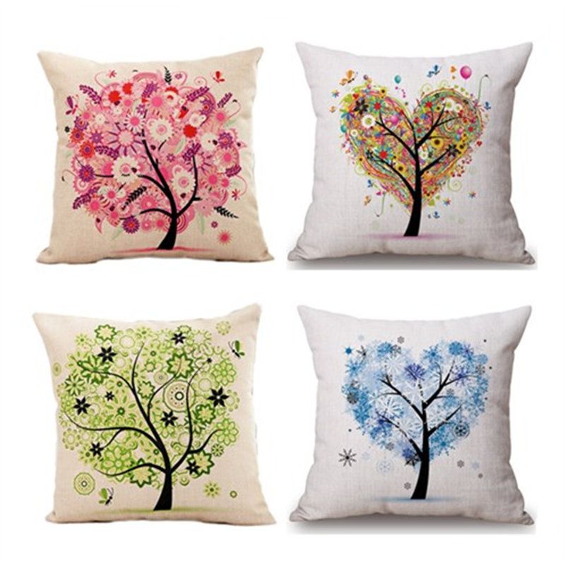 Cushion Cover Vintage Flower Pillow Case Mural Yellow Red Tree