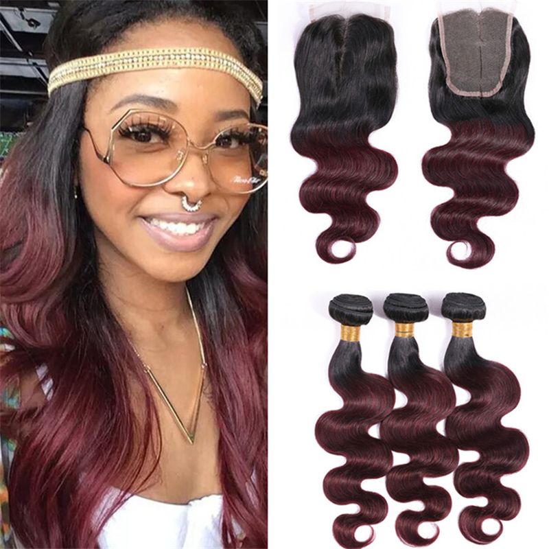 2019 Indian Wine Red Burgundy Ombre Hair Weave Bundles With