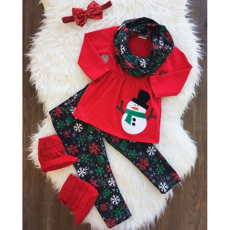 Toddler Kids Baby Girl Christmas Outfit Long Sleeve Snowman T-Shirt Dress Snowflakes Pants Scarf Fall Winter Clothes Set