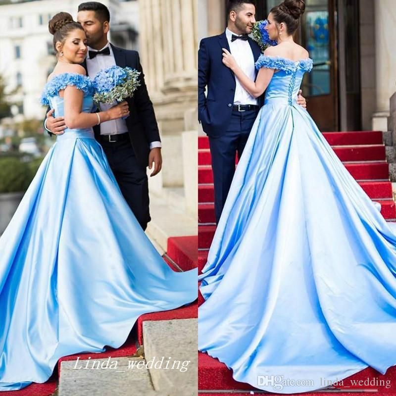 baby blue off the shoulder prom dress