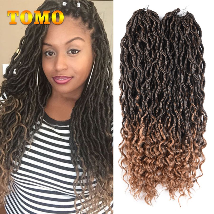 2019 Tomo Crochet Braids 18inch Medium Length Goddess Faux Locs Curly Hair Bluk Kanekalon Synthetic Dreadlocks Ombre Hair Extensions 24roots Pack From