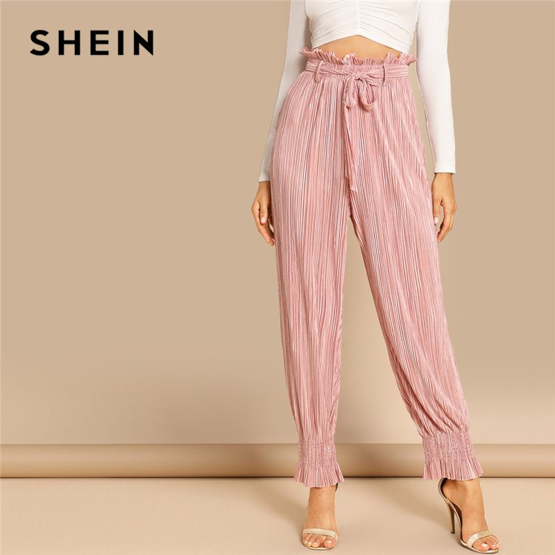 SHEIN Pink Office Lady Belted Tie Waist 