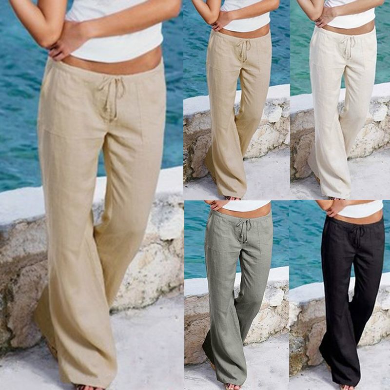Pantalones de lino moda anchos de mujer con bolsillos Pantalones largos casuales de