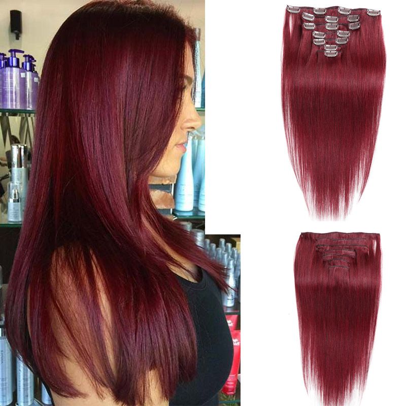 Brazilian Burgundy Color Clip on hair extensions 99 J 7pcs/set Machine Made 100% Remy Human Clip in Hair Extension 70g Brazilian Burgundy Color Clip on hair extensions 99 J 7pcs/set Machine Made 100% Remy Human Clip in Hair Extension 70g