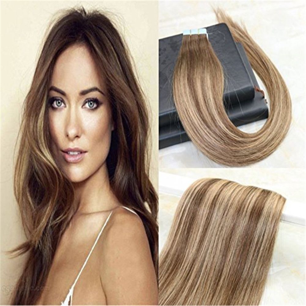 Real Human Hair Full Head Tape In Extensions Omber Balayage Color