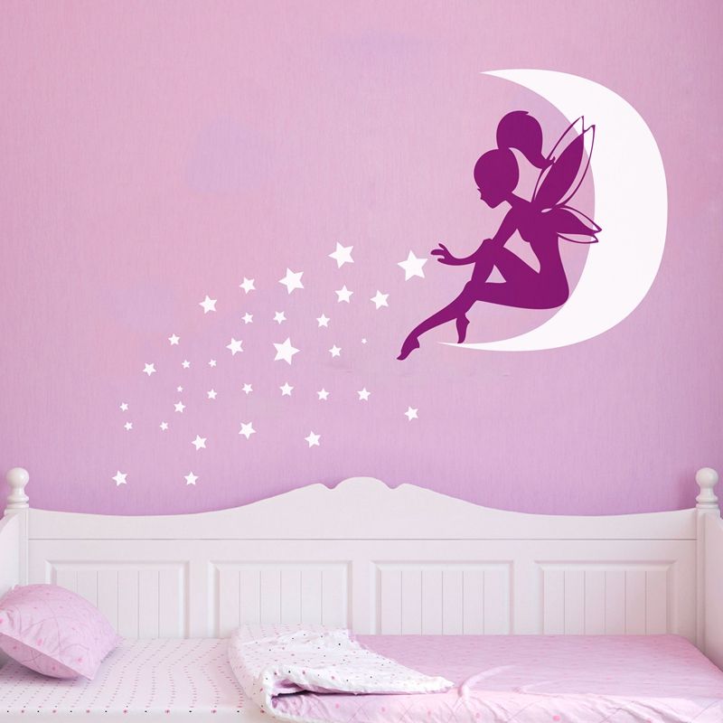 Home Decoration Posters Stickers Large Size Vinyl Fairy Girl Pixie Dust Moon Stars Vinyl Wall Decals Girls Room Wall Decals Room Wall Stickers From