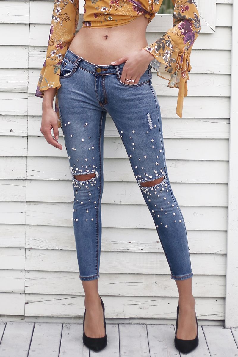 Acquistare Jeans Donna Con Perline Con Perle Jeans Vintage Con Foro Vintage  Pantaloni Skinny Jeans Femminili Pantaloni Strappati Economico | Consegna  Veloce E Qualità | It.Dhgate