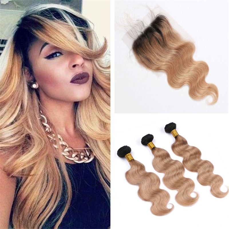Dark Roots 1b 27 Honey Blonde Ombre Closure And Bundles Malaysian