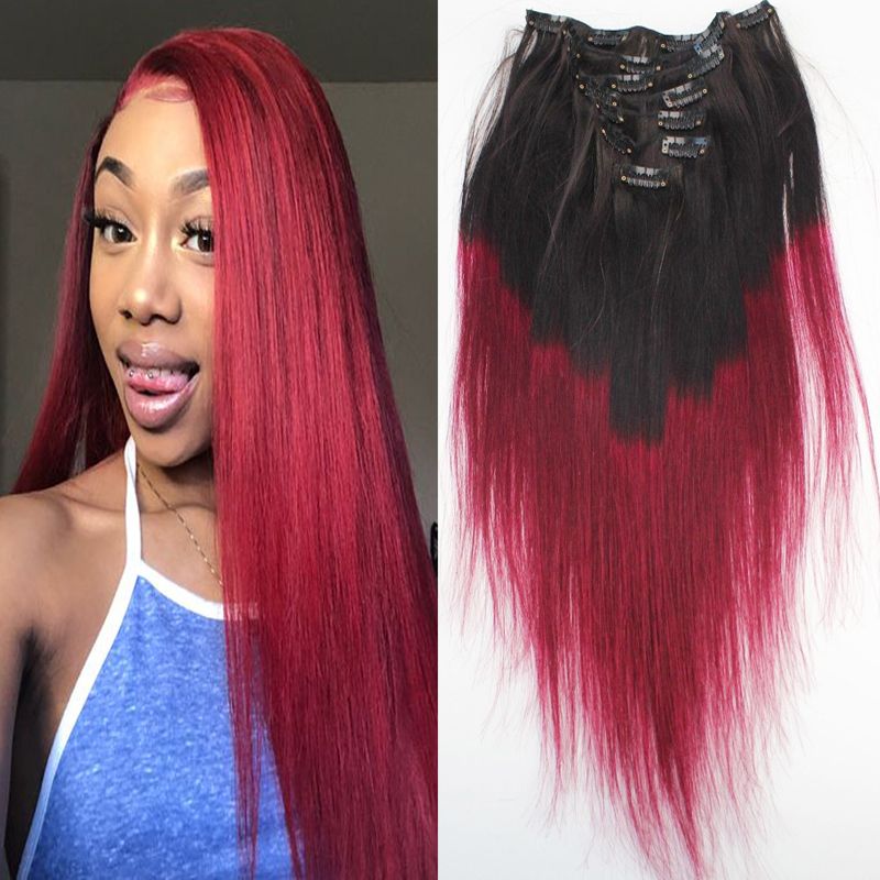 1b Red Ombre Indian Remy Clip In Human Hair Extensions 110g Two