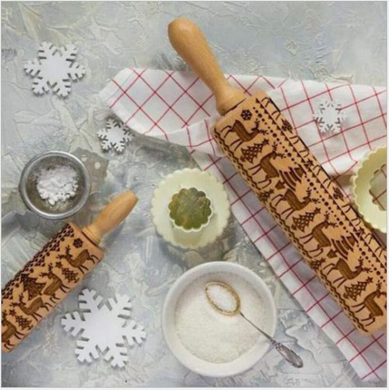 Christmas Wooden Rolling Pins Rolling Pins /& Pastry Boards Christmas Embossed Rolling Pin Wood Baking Cookies Biscuit Fondant Cake Dough Engraved Roller Reindeer Wooden Embossing Roll Pin