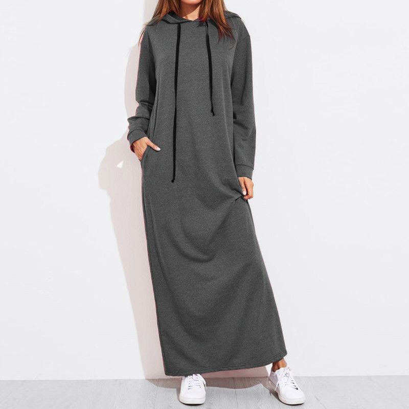 Woman M 2XL Solid Color Hooded Loose Hoodie Maxi Dress Women Casual ...