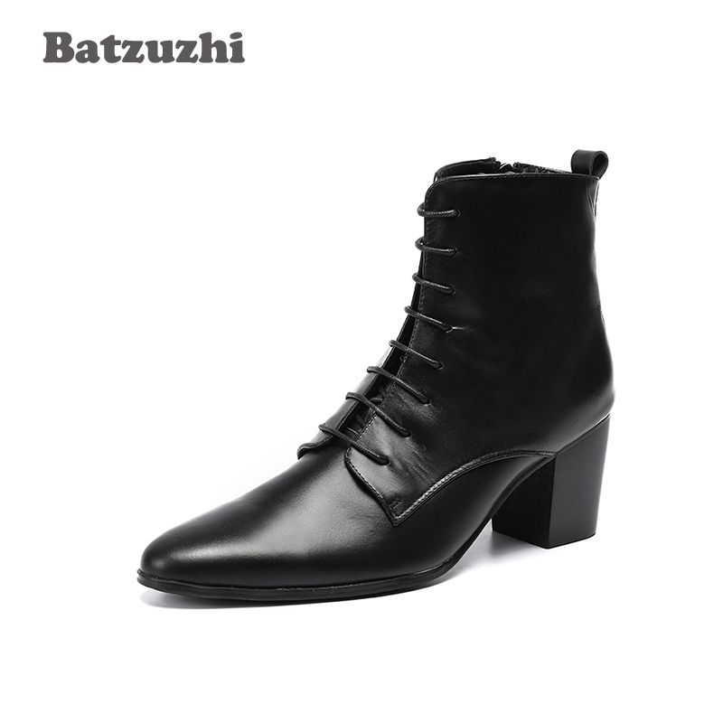 6.8cm High Heel Boots Men Black Genuine Leather Men\u0027S Ankle Boots Pointed Toe Lace Up Bota Masculina Dress Boots Men! Big Sizes US6 US12 Boots For