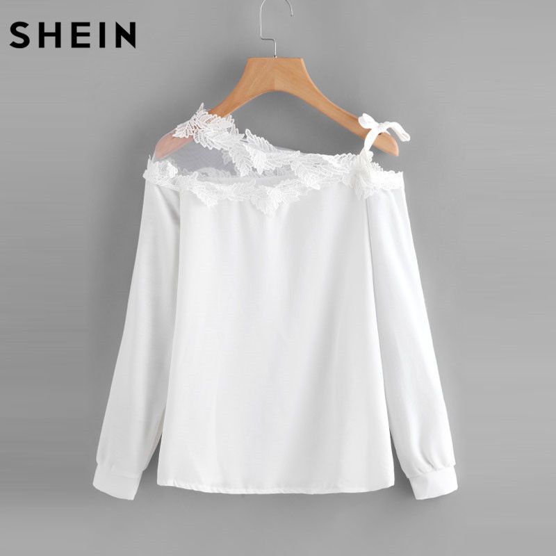 SHEIN Blusa de encaje blusa blanca Camisa elegante de otoño Panel de de mujer apliques