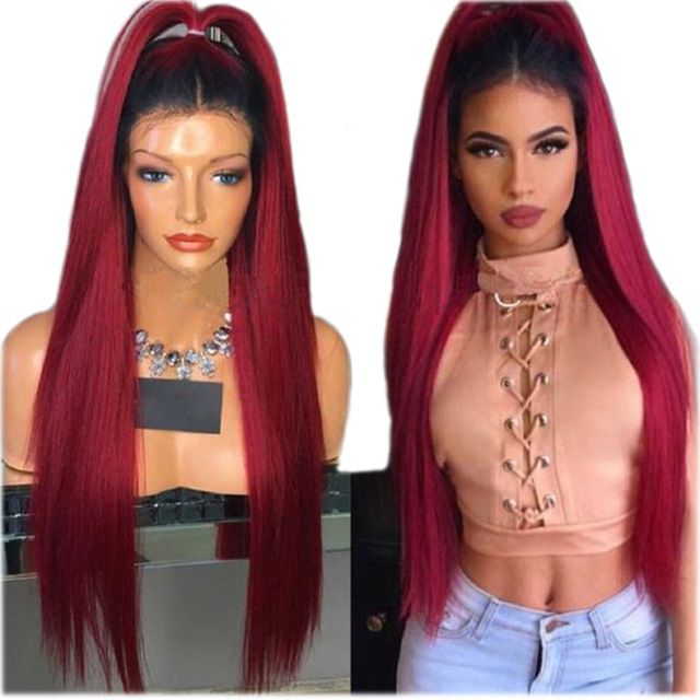 Red Synthetic Lace Front Wig Color Ombre For Black Women Long