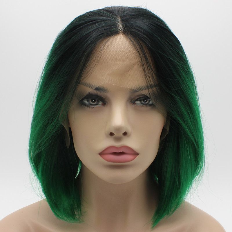Iwona Hair Straight Short Dark Root Green Ombre Wig 1#1/3400m Half Hand Tied Heat Resistant Synthetic Lace Front Wigs Iwona Hair Straight Short Dark Root Green Ombre Wig 1#1/3400m Half Hand Tied Heat Resistant Synthetic Lace Front Wigs