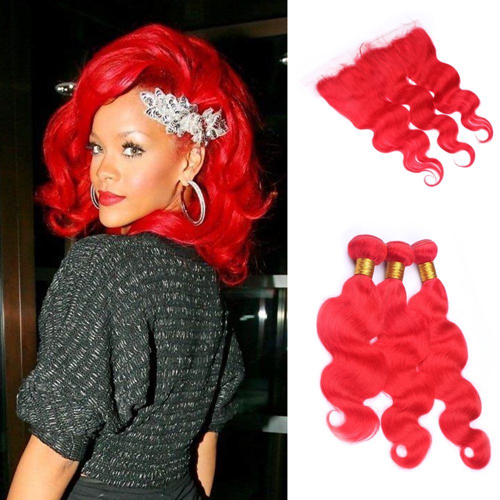 Body Wave Bright Red Human Hair Bundles With Lace Frontal Bleached