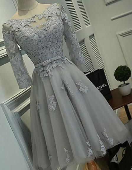 Compra Fotos Por Encargo Reales A Line Vestidos De Fiesta De Encaje De  Manga Larga Vestido De Festa Vestidos Formales Elegantes De Espalda Abierta  Gris Corto Para Niñas Barato | Entrega Rápida