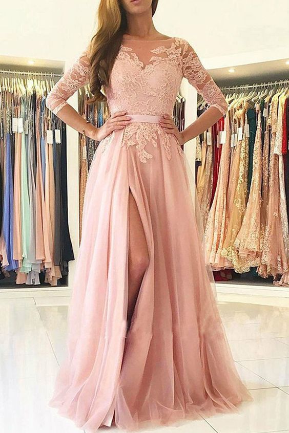 Grosshandel Lange Armel Rosa Spitze Ballkleider Lang Mit Seite Split Bateau Band Tull Rock Elegante Abend Formale Kleid Party Pageant Kleid Kleider Von Lovemydress 63 13 Auf De Dhgate Com Dhgate